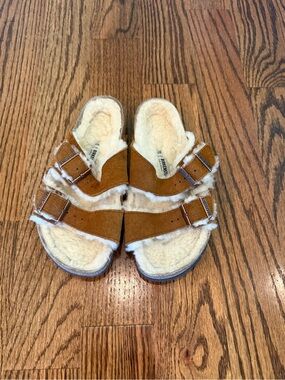 Birkenstock Suede Shearling Lined Slide Sandals in Brown